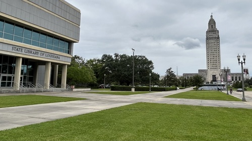 State Library building and the Louisiana state Capitol behind it